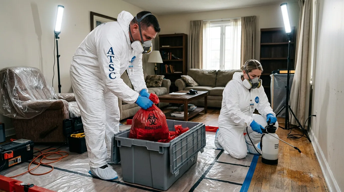 Professional Hazmat Cleanup technician in full PPE working in Upper Alton